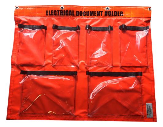 Reflective electrical document holder banner with 4 A4 and 2 A3 clear pockets, Velcro closures, reinforced eyelets, and reflective top section for underground and electrical site use.