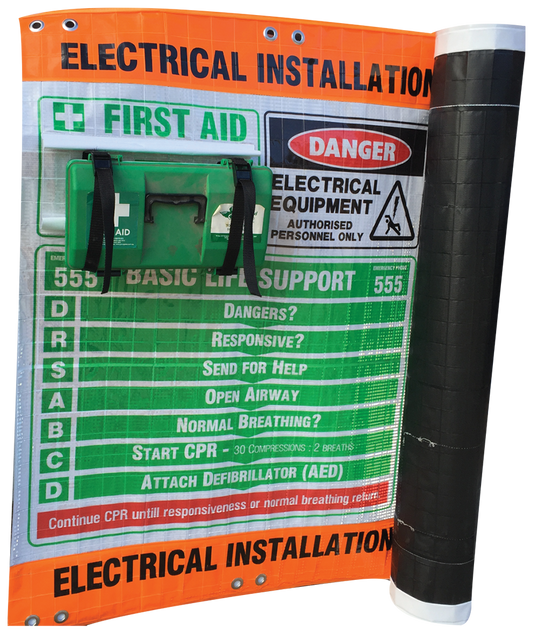 Double-sided reflective roll-up banner reading ‘11000 VOLT ELECTRICAL’ with extinguisher cut-outs, Velcro sleeves, eyelets and stiffening rod pocket.