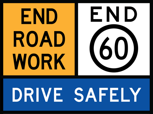 End Road Work Multi Message Sign (TC1170) with End of 60 km/h and Drive Safely