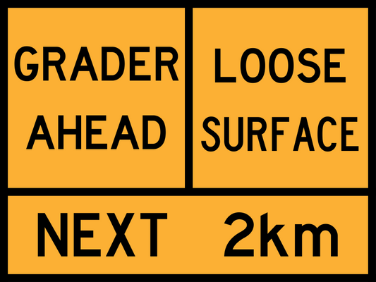 Grader Ahead Multi Message Sign (TC1215) with Loose Surface and Next 2 km