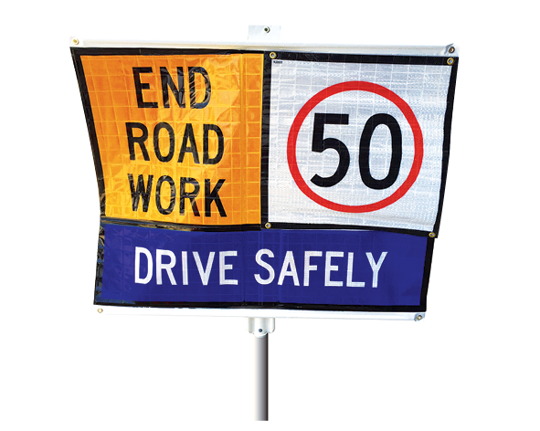 A portable Guide Post Roll Up Sign multi-message displaying the text 'END ROAD WORK' and 'DRIVE SAFELY', and a speed limit sign '50' in the center.