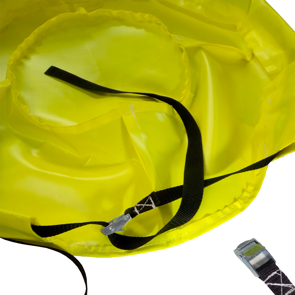 Helicopter exhaust cover showing reinforced construction and fastening straps