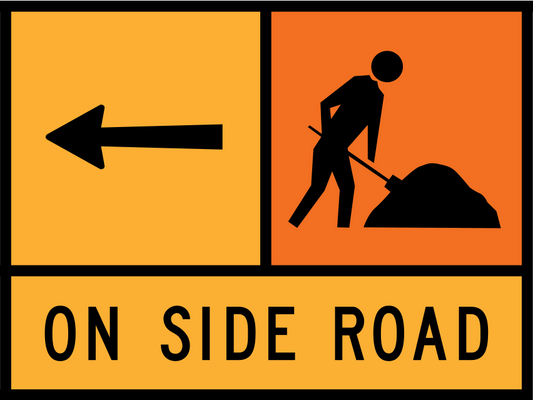 Left Arrow Multi Message Sign (TC1910) with Workman Ahead and On Side Road