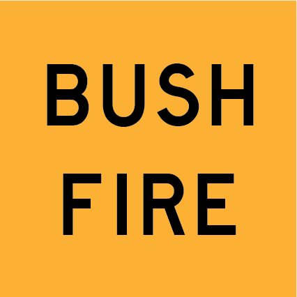 Bush Fire MMS-ADV-65 warning sign, 600×600 mm traffic yellow CL400 reflective panel for WA multi-message system, alerts motorists to bushfire activity and hazards ahead