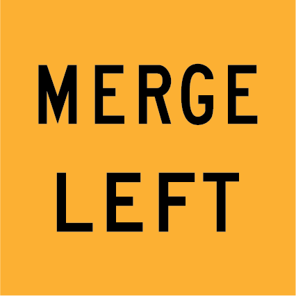 Merge Left (MMS-POS-9L) 600×600 mm traffic yellow reflective multi-message sign, WA-compliant panel for merging traffic and lane closure safety.