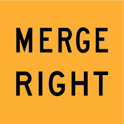 Merge Right (MMS-POS-9R) 600×600 mm traffic yellow reflective multi-message sign, WA-compliant panel for merging traffic and lane closures