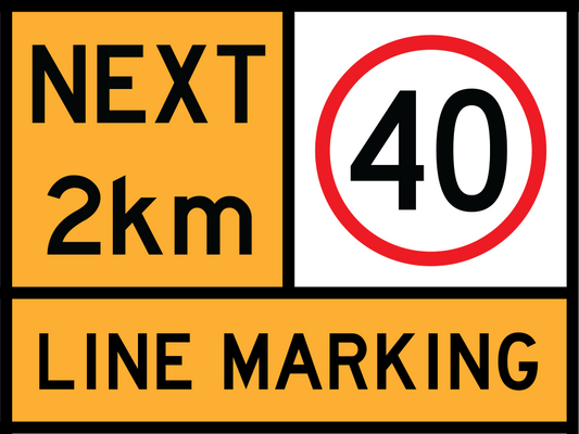Next 2 km Multi Message Sign (T1-28) with 40 km/h and Line Marking
