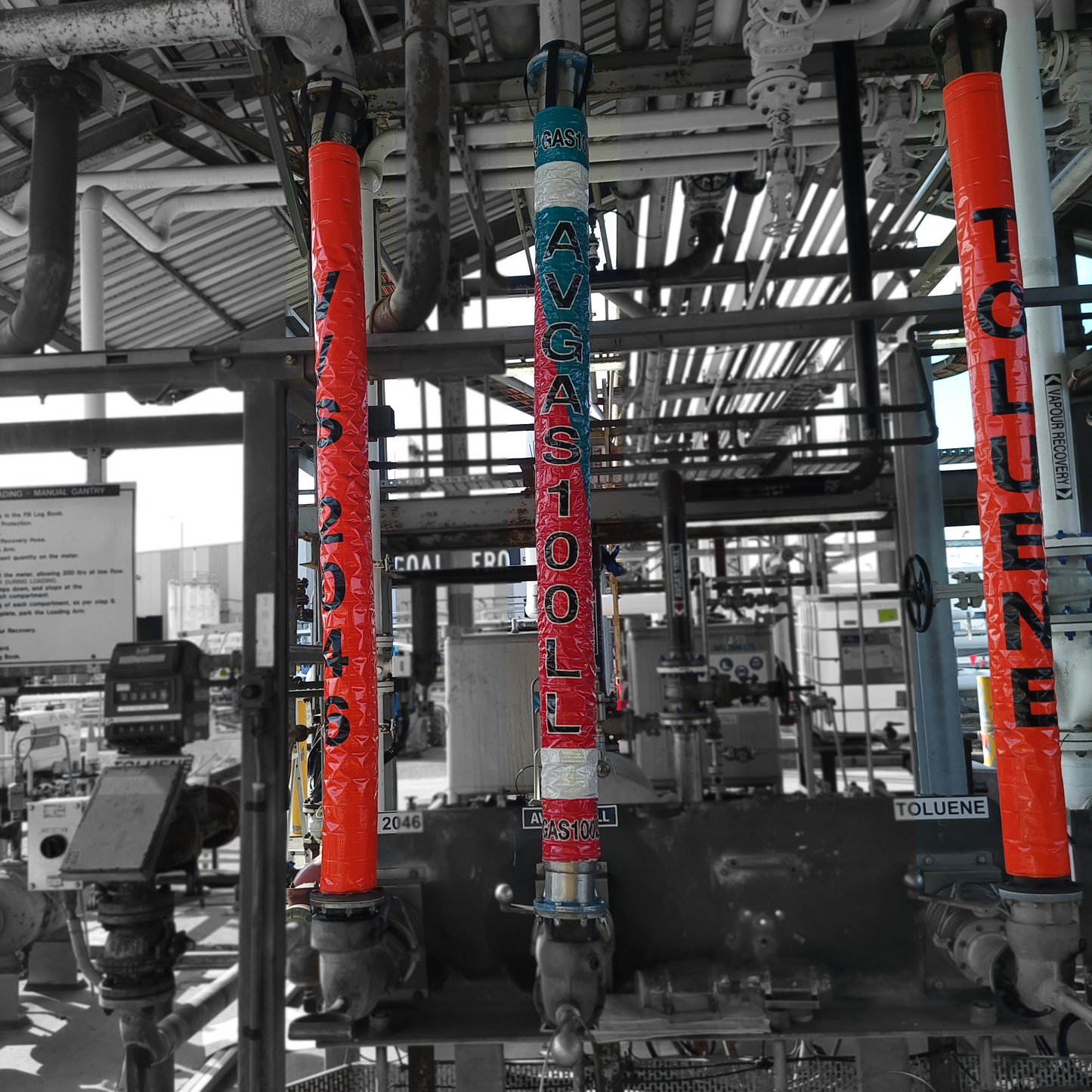 Three vertical industrial pipes or columns in an industrial facility, with the center column wrapped in red, white, and blue tape and labeled 'AVGAS 100 LL', while the left and right columns are bright red with black text reading 'X 5 2 0 4 0' and 'TOLUENE' respectively. The background is a desaturated gray industrial setting.