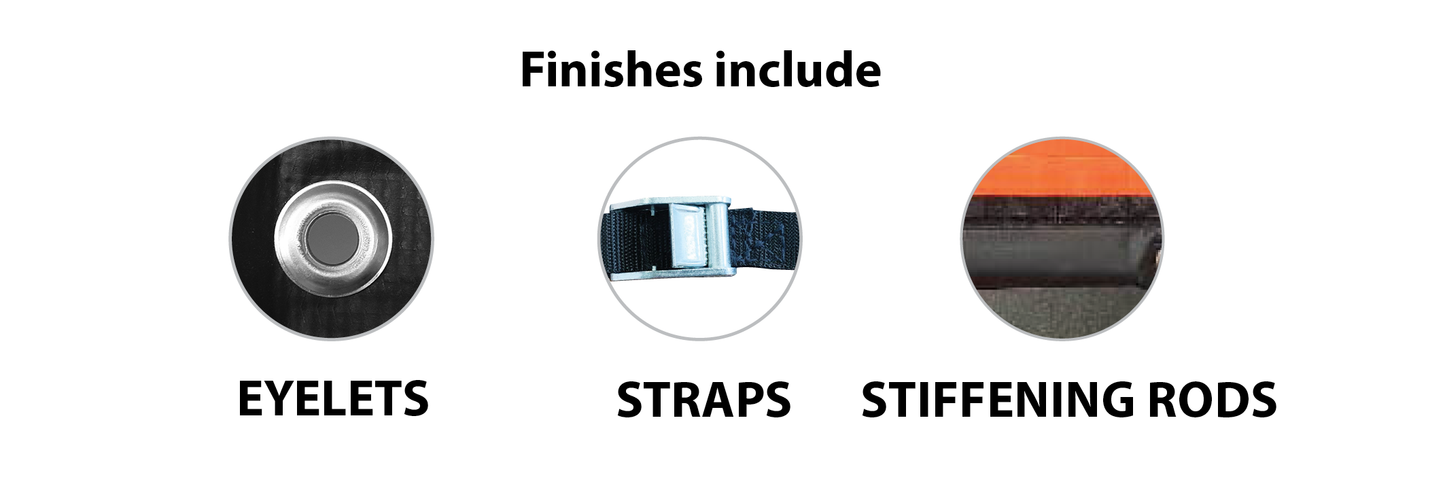 Pole Mounted Roll Up sign finishes with eyelets, highly durable straps and stiffening rods. 