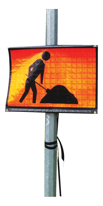 A pole mounted roll up sign Fluro Orange T1-5 Diggerman mounted onto a pole to display portability. 