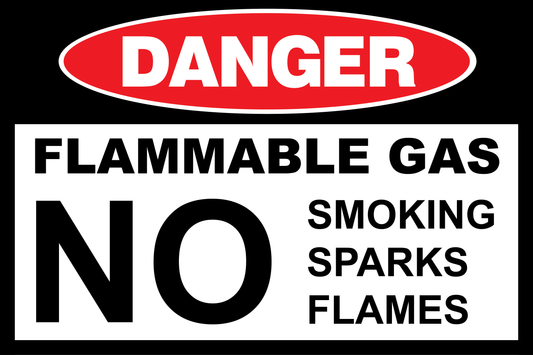 Flammable gas warning sign with 'Danger' and safety instructions.