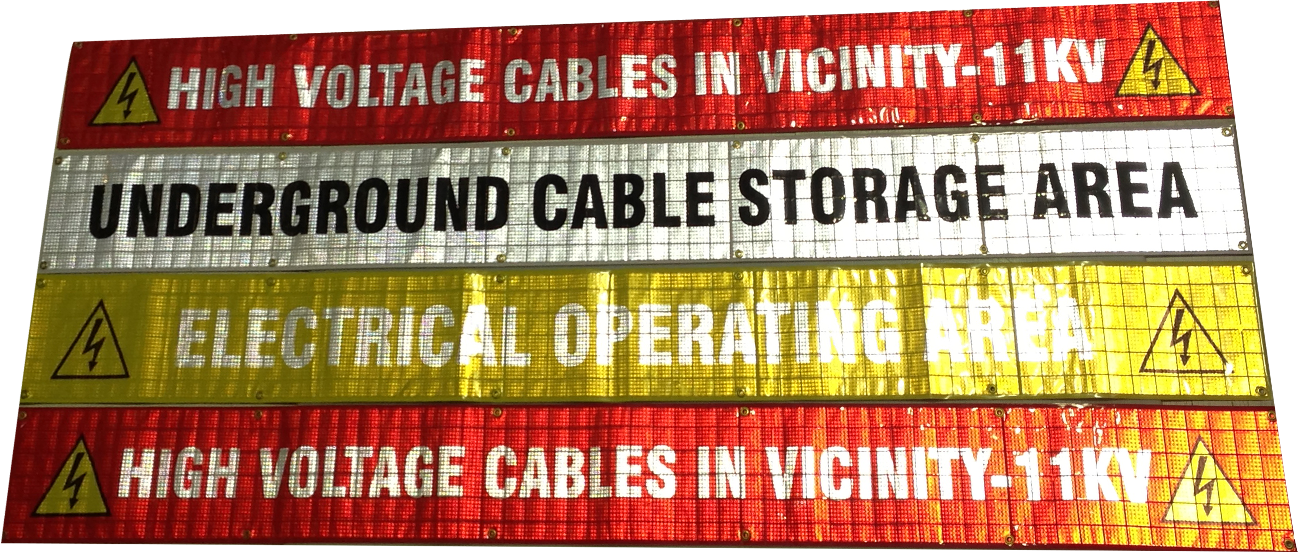 Reflective double-sided cable banner with reinforced eyelets and customisable safety messaging for mining and industrial worksites.