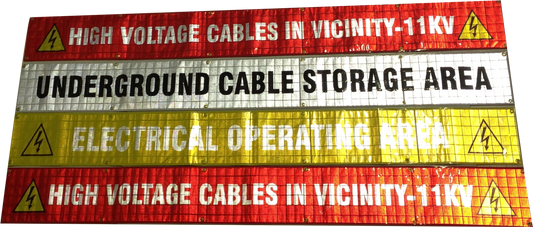 Reflective double-sided cable banner with reinforced eyelets and customisable safety messaging for mining and industrial worksites.