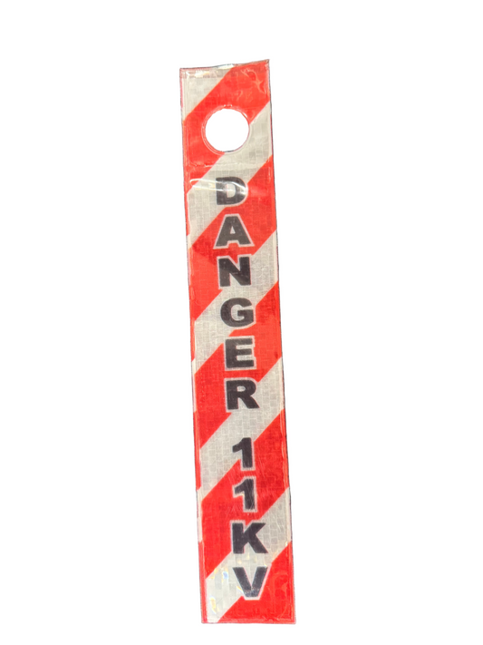 Reflective Dropper Pipeline Marker, also suitable as a Ceiling Suspended Safety Tag. Designed for unmistakable identification of pipelines, hazardous materials, and critical service lines. Danger 11KV label with red and white stripes