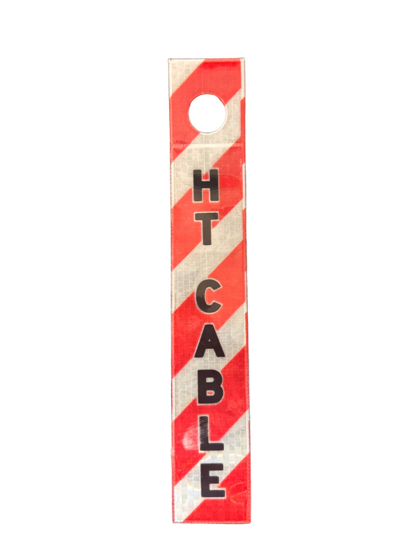 Reflective Dropper Pipeline Marker, also suitable as a Ceiling Suspended Safety Tag. Designed for unmistakable identification of pipelines, hazardous materials, and critical service lines. HT CABLE Red and White Reflective Dropper