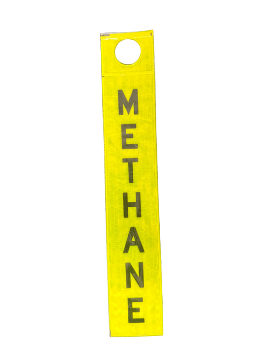 Tag. Designed for unmistakable identification of pipelines, hazardous materials, and critical service lines. Methane Reflective Super Bright Yellow Dropper Tag