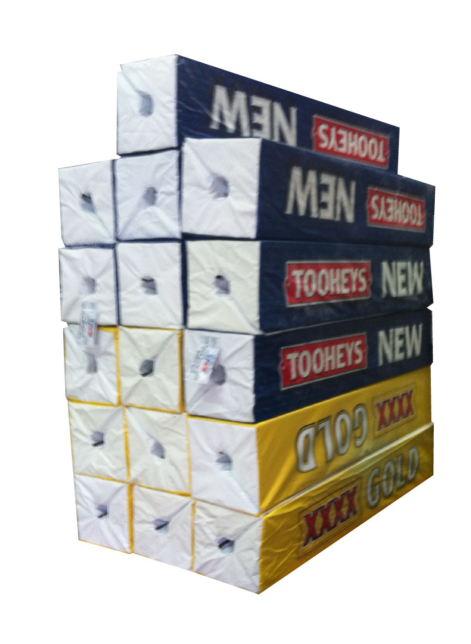 Stacked custom printed rugby goal post pads with visible post cut-outs, Tooheys New and XXXX Gold branding.