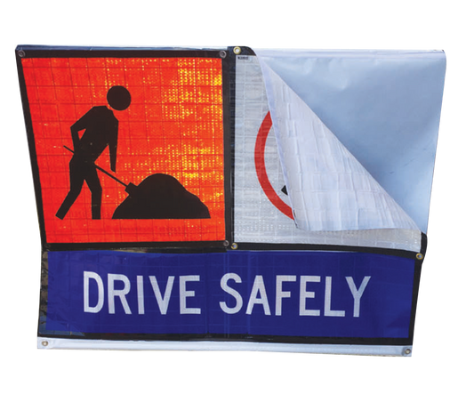 Speed Changing Roll-Up Sign — Class 1W reflective with Velcro-backed panels, add-on numbers, and carry bag