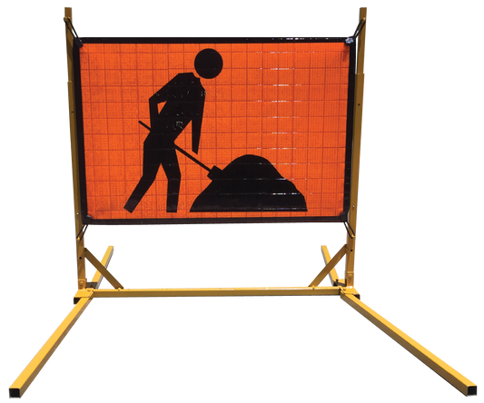 A double-sided Reflective Super Bright Orange Diggerman Workman (T1-5) Stableflex Roll Up Sign. 