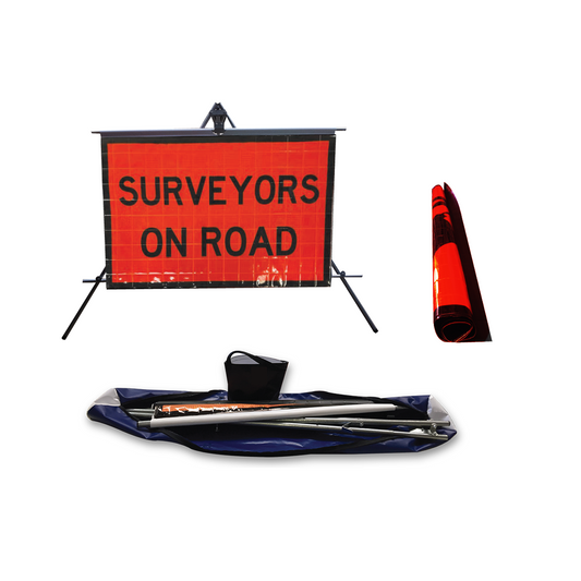 Surveyor's safety equipment including a sign and flag on a white background