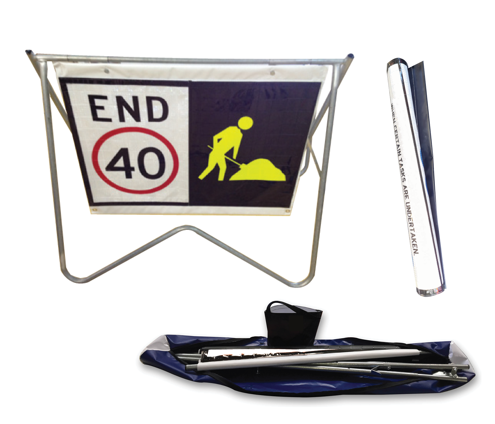 Swing Stand Kit — lightweight foldable stand with roll-up sign, sand bag, and heavy-duty carry bag