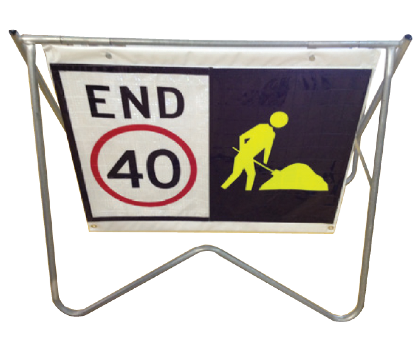 A swinging roll-up safety sign with a metal base, featuring a 'END 40' sign with Diggerman/Workman..