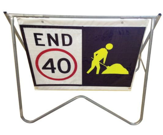 A swinging roll-up safety sign with a metal base, featuring a 'END 40' sign with Diggerman/Workman..