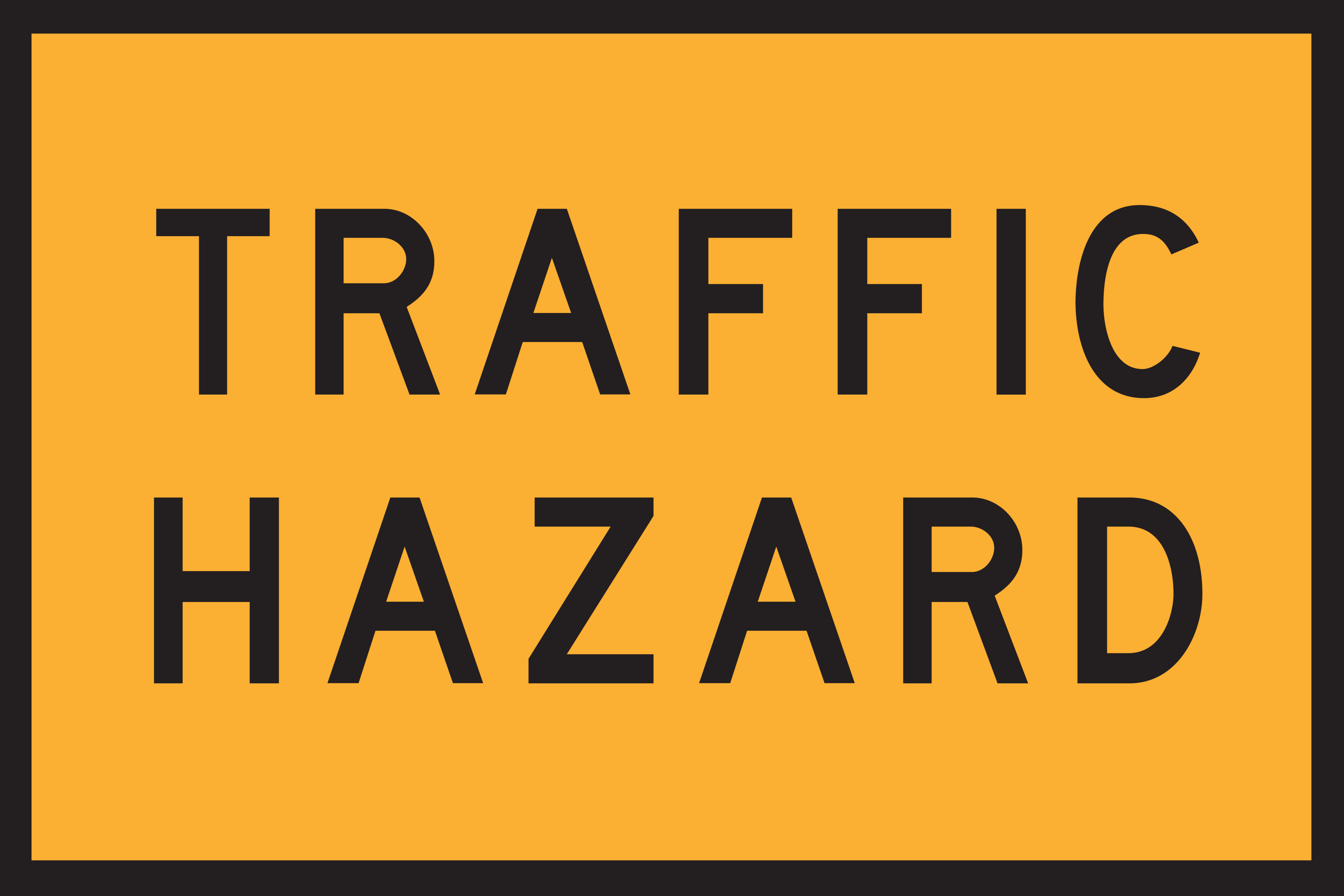 Traffic hazard warning sign with black text on a yellow background