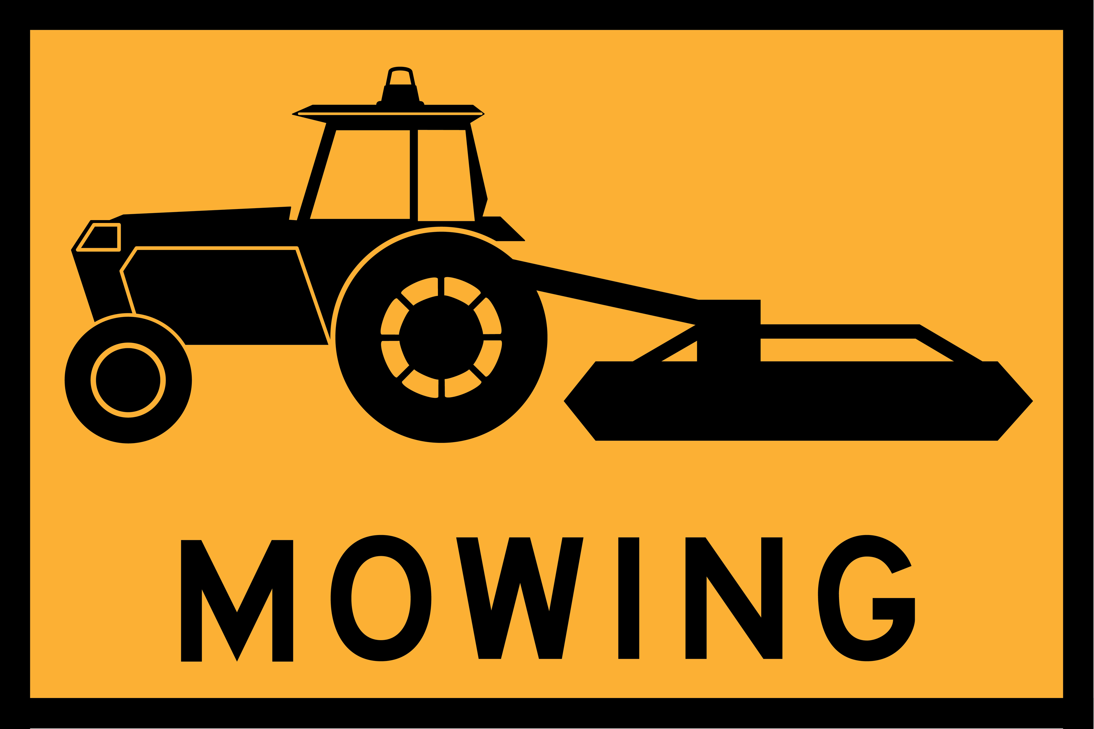 Sign with a black silhouette of a tractor and the word 'MOWING' on a yellow background
