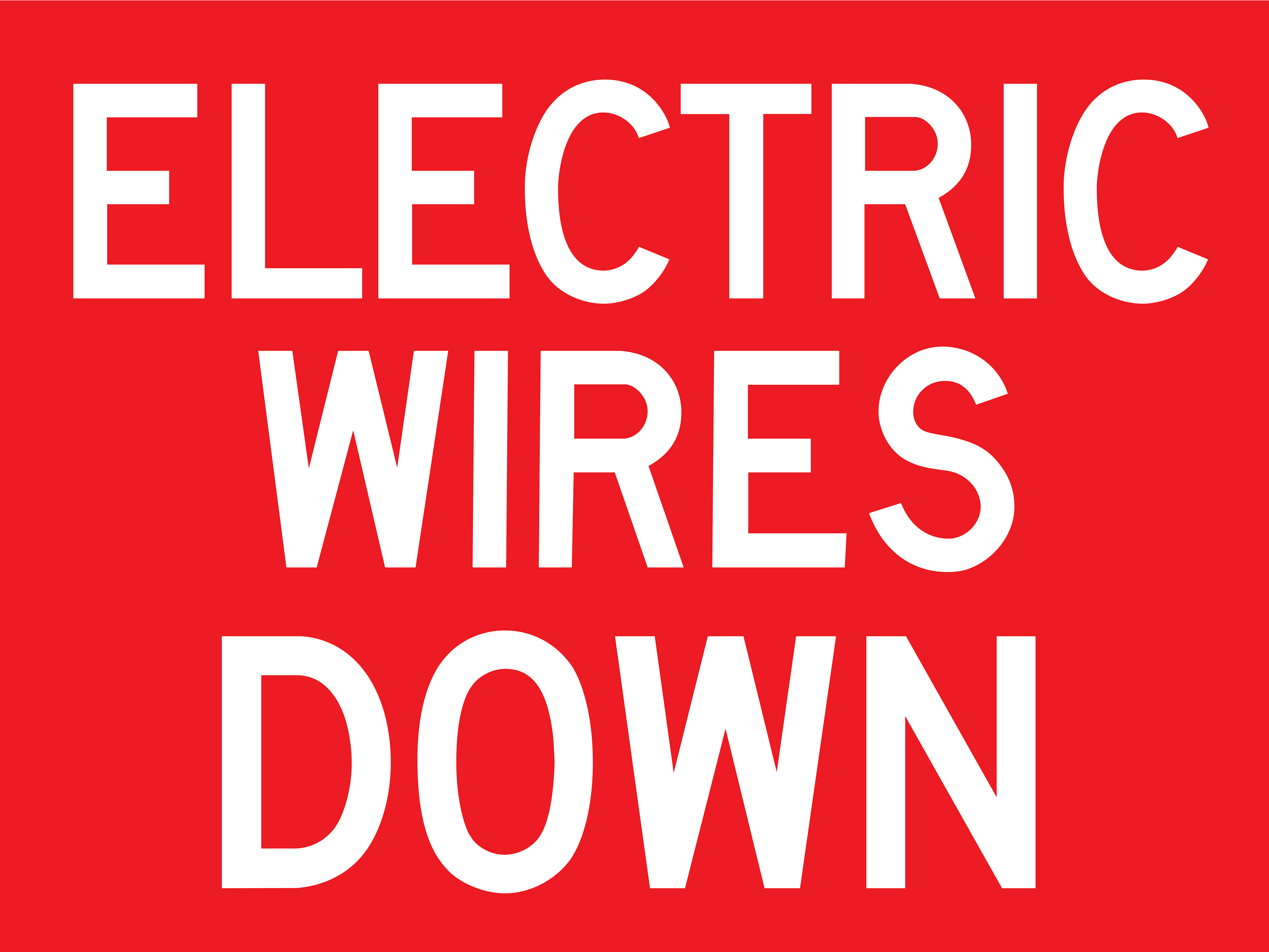 Warning sign with 'Electric Wires Down' text on a red background
