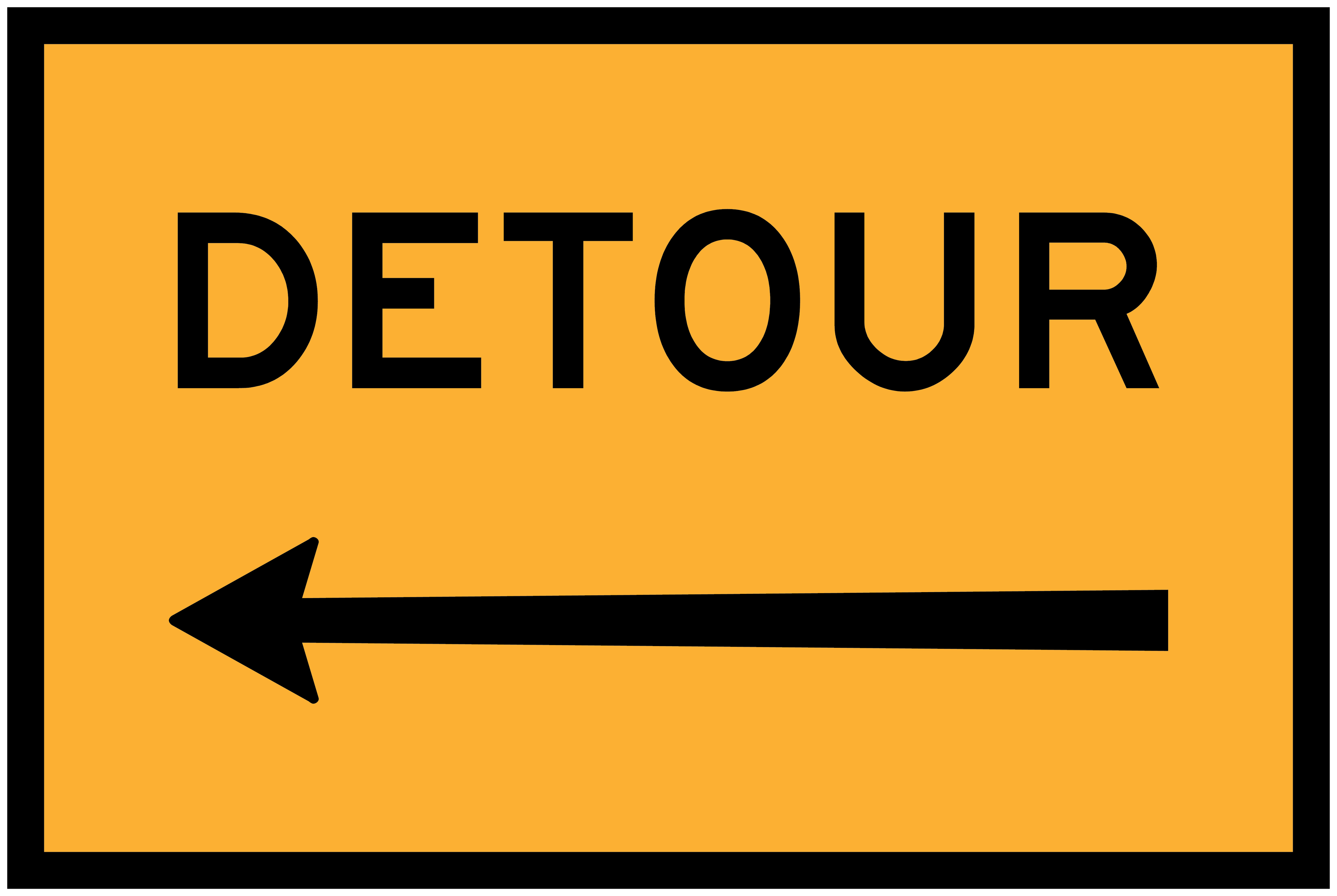 Yellow sign with black 'DETOUR' text and arrow on a white background