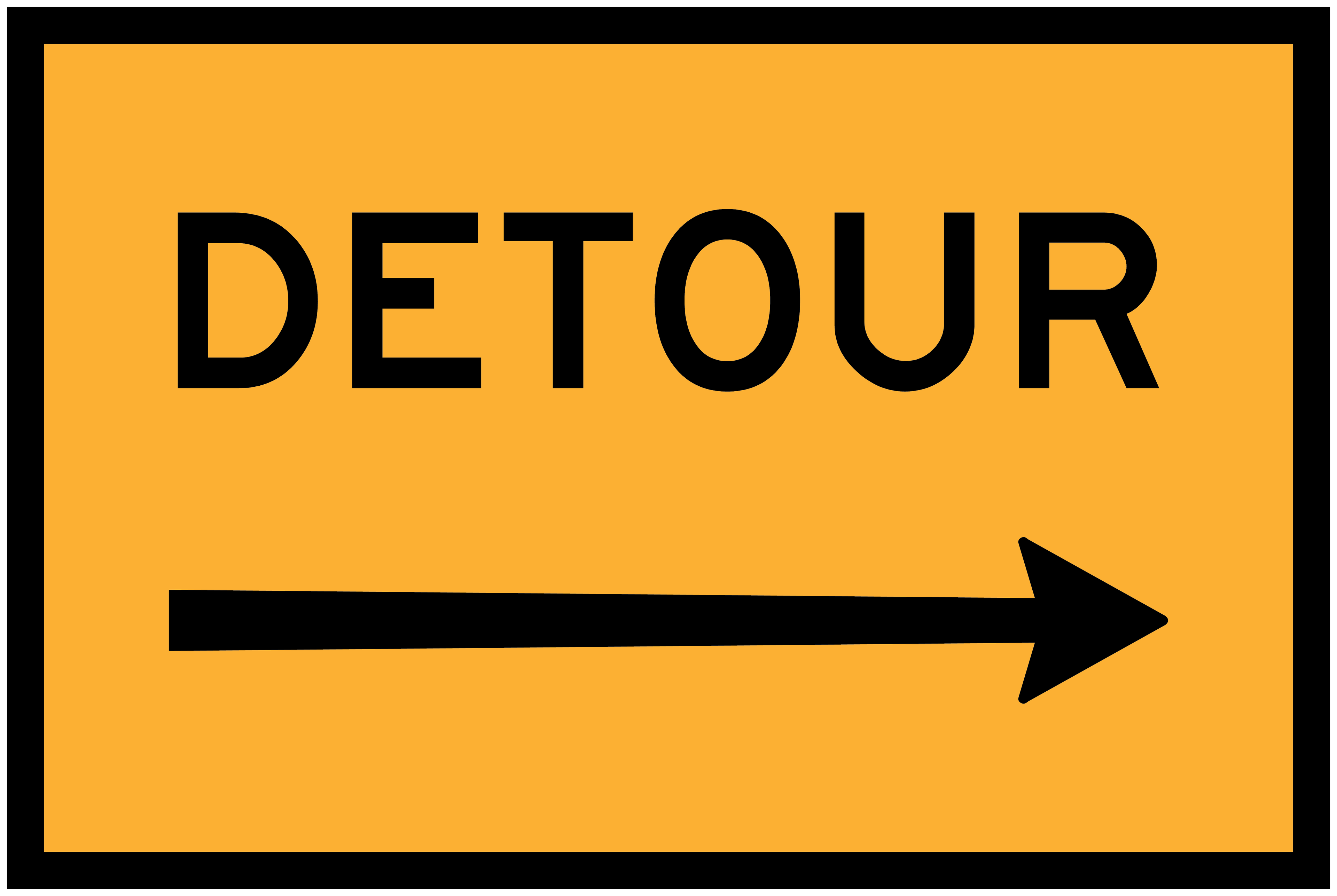 Detour sign with black text and arrow on a yellow background