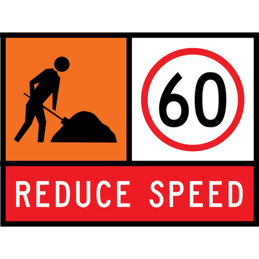 TC 1332, TC 1217-60 AND TC 1220 Workman Ahead – 60 km/h – Reduce Speed Multi Message – 1200x900mm – Roll-Up Traffic Control Sign