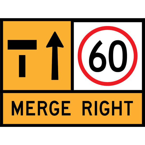 TC 1359-1, TC 1217-60 AND TC 1844-2 Left Lane Ends – 60km/h – Merge Right Multi Message – 1200x900mm – Roll-Up Traffic Control Sign