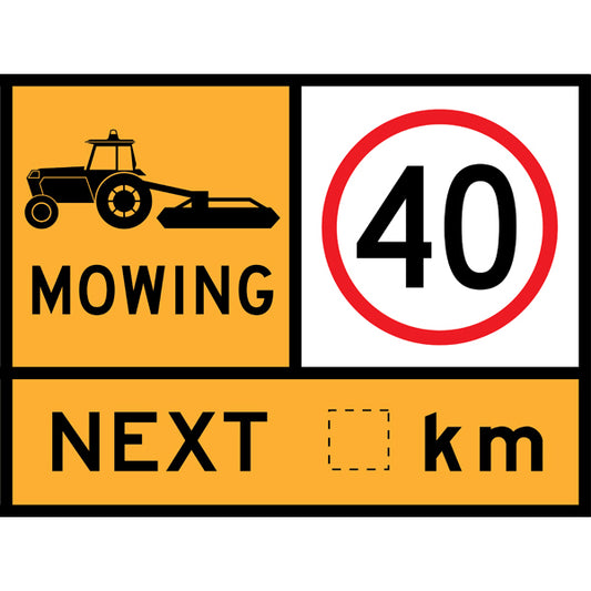 TC 1398, TC 1217-40 AND TC 1403 Mowing – 40 km/h – Next Blank km Multi Message – 1200x900mm – Roll-Up Traffic Control Sign