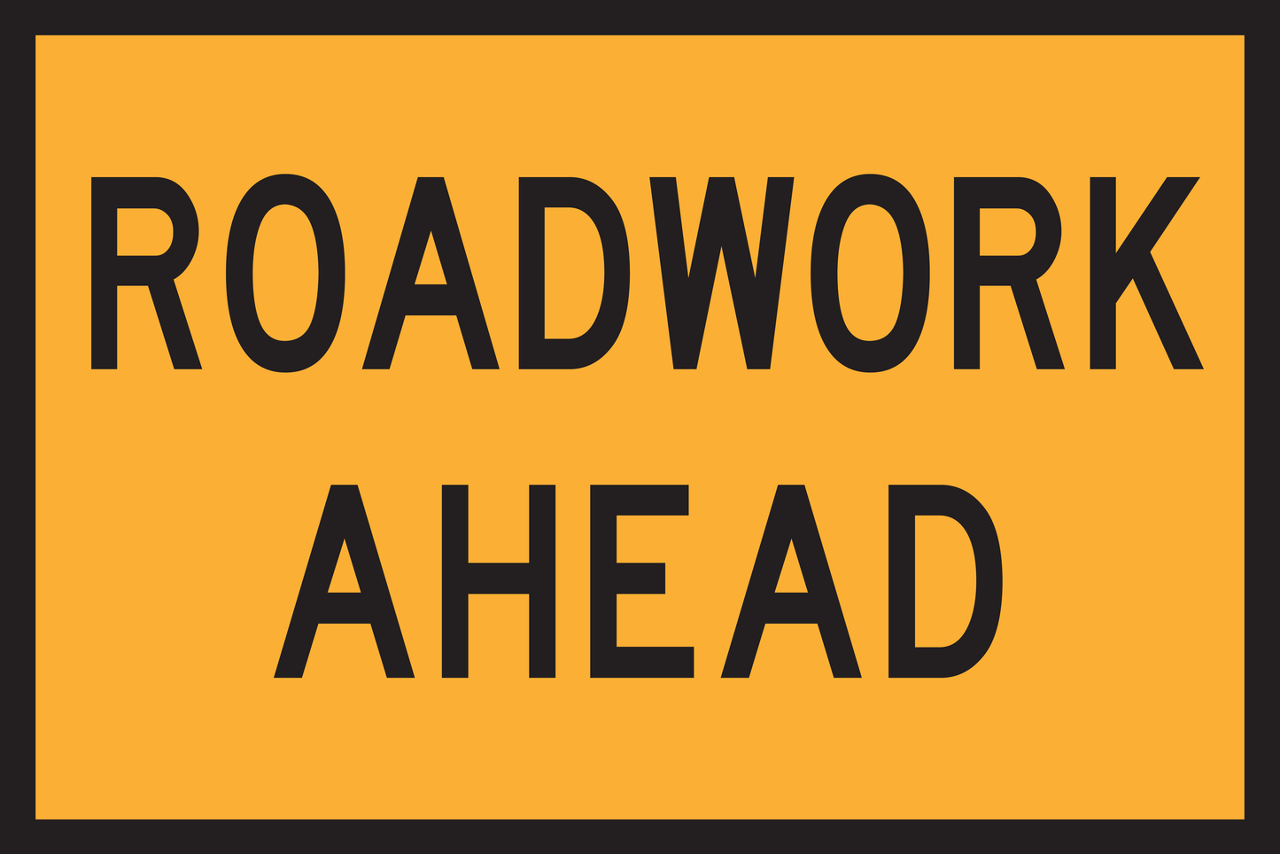 Roadwork ahead sign with black text on a traffic yellow background