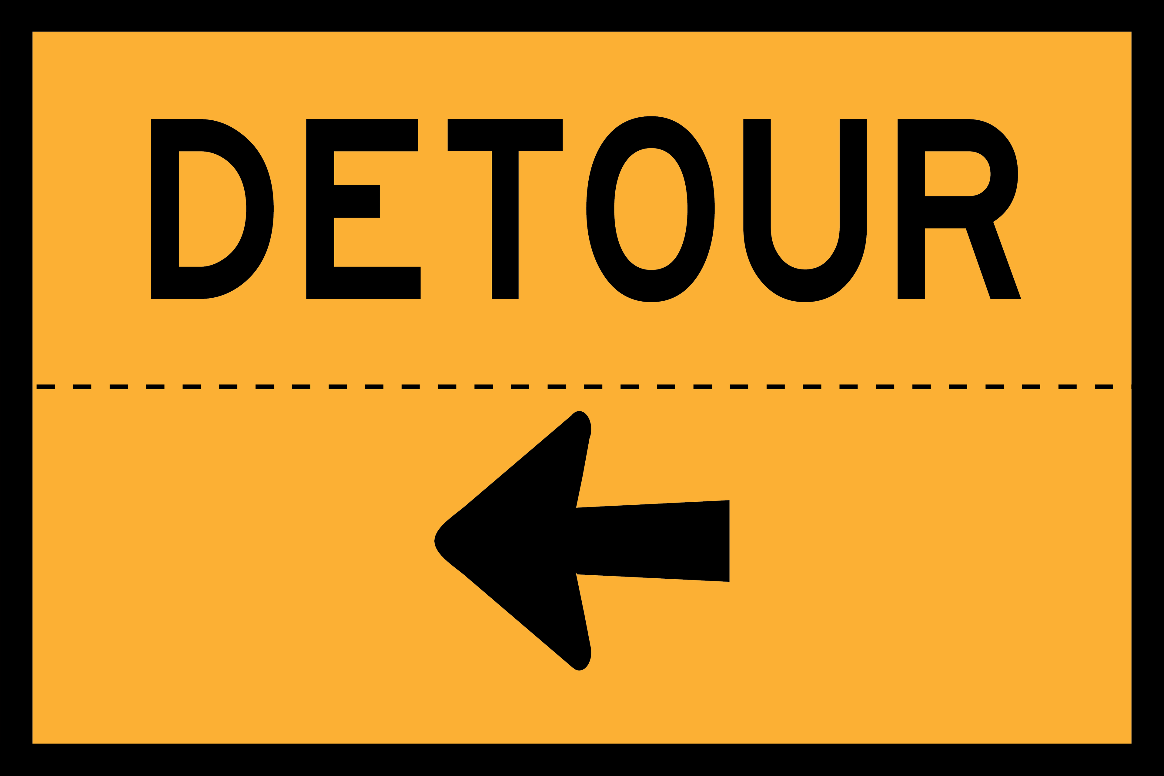 Detour sign with black text and left arrow on a yellow background