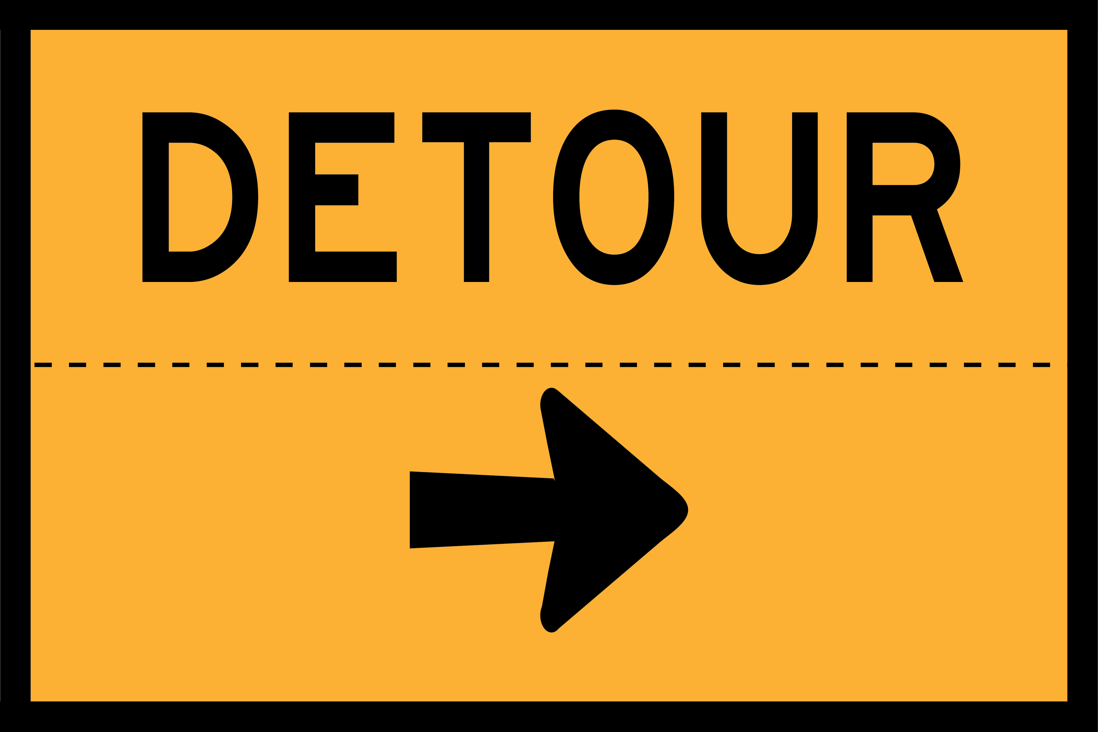 Detour sign with black text and arrow on a yellow background
