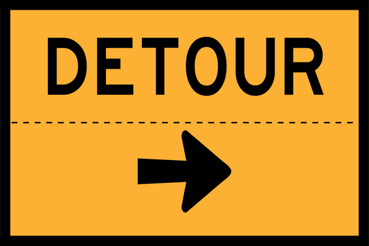 Detour sign with black text and arrow on a yellow background