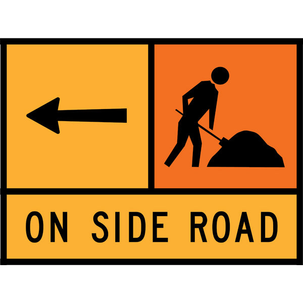 TC 1910, TC 1332 AND TC 1325 Left Arrow – Workman Ahead – On Side Road Multi Message – 1200x900mm – Roll-Up Traffic Control Sign