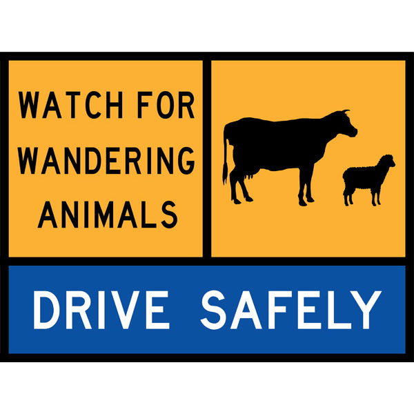 TC 2083-1, TC 2083-2 AND TC 1177 Watch For Wandering Animals – Cattle – Drive Safely Multi Message – 1200x900mm – Roll-Up Traffic Control Sign