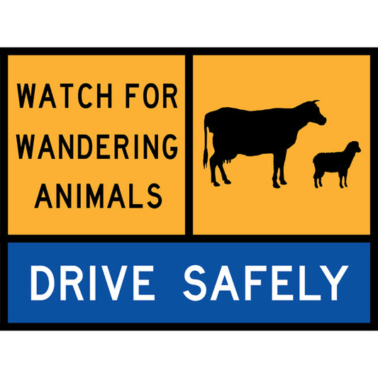TC 2083-1, TC 2083-2 AND TC 1177 Watch For Wandering Animals – Cattle – Drive Safely Multi Message – 1200x900mm – Roll-Up Traffic Control Sign