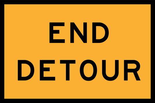 End Detour sign with black text on a yellow background