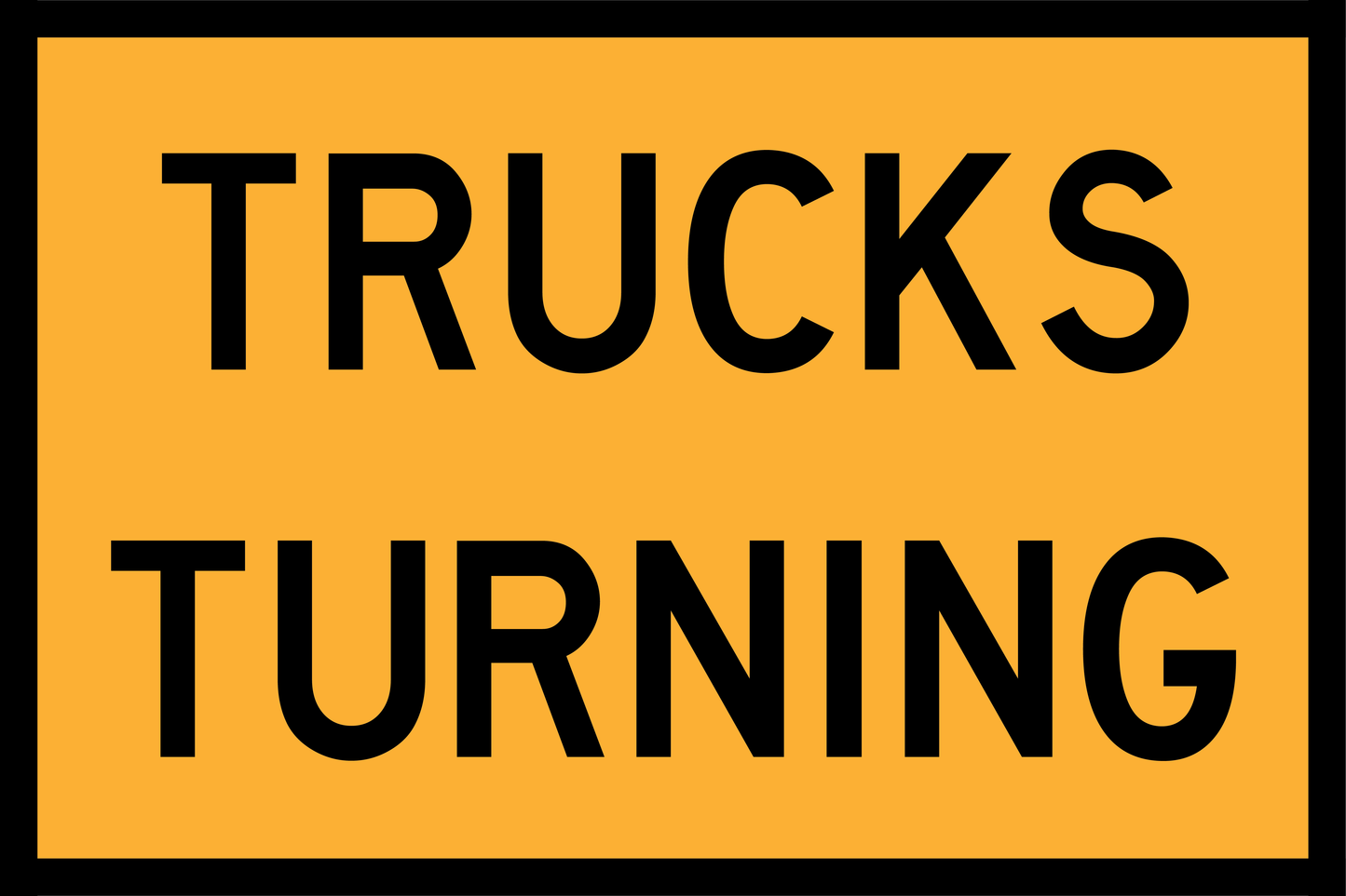 Warning sign with 'TRUCKS TURNING' text on a yellow background