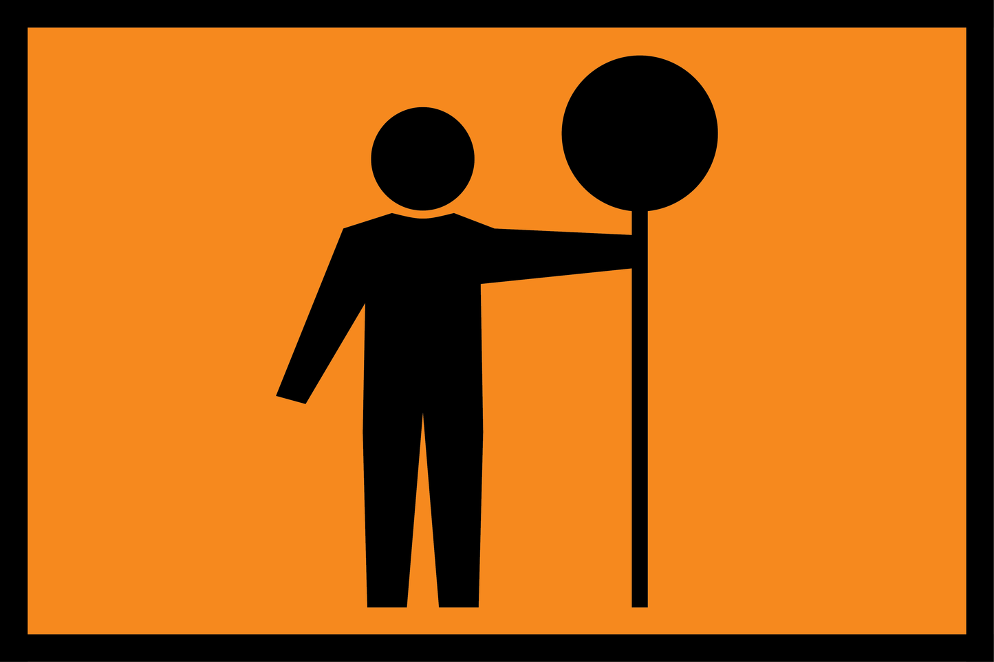 Black icon of a person holding a round sign on an orange background