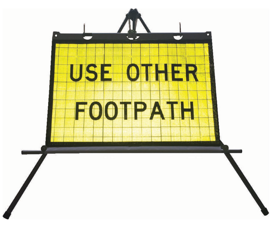 Super bright fluro yellow Triflex Roll Up Sign with stand with text "Use other Footpath" Pedestrian Safety. 
