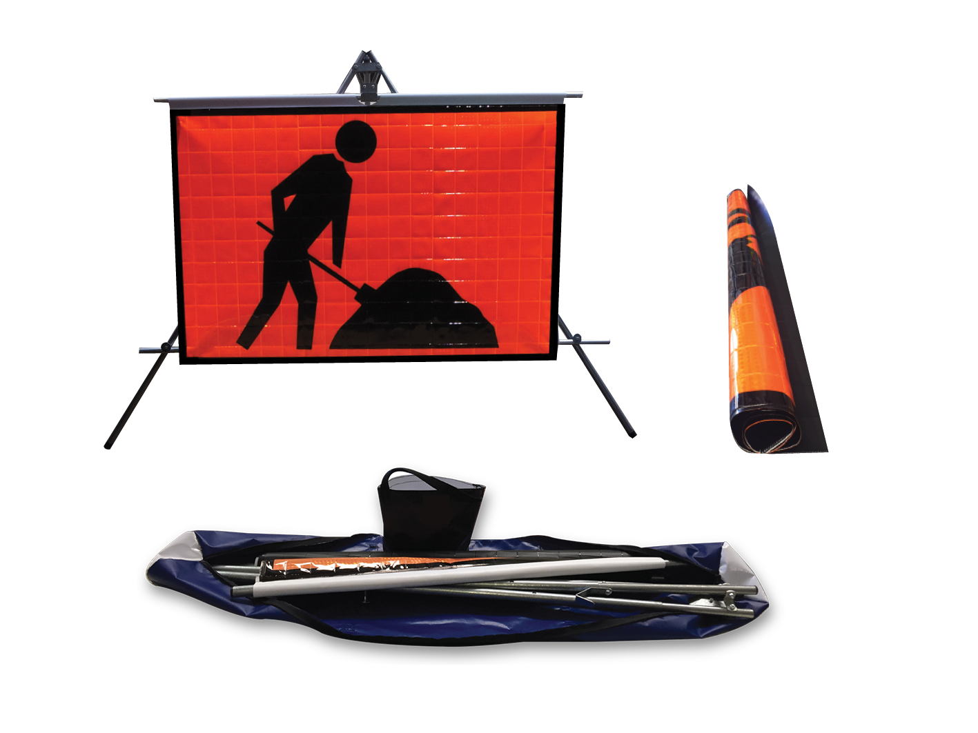 Triflex Stand & Sign Kit — includes stand, roll-up sign, extendable bar, sand bag, and heavy-duty carry bag