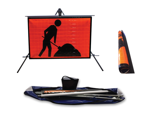 Triflex Stand & Sign Kit — includes stand, roll-up sign, extendable bar, sand bag, and heavy-duty carry bag