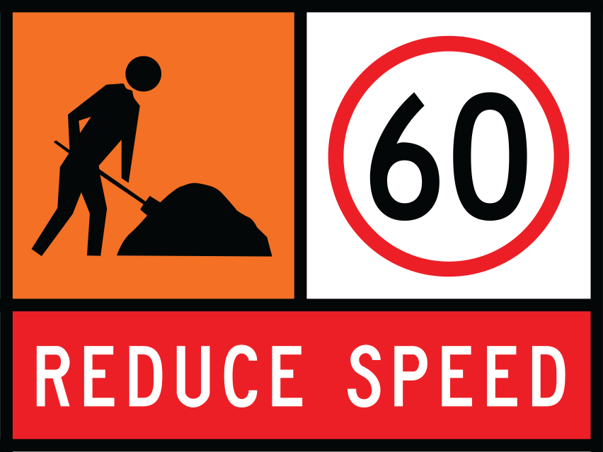 Workman Ahead (TC1332) with 60 km/h (TC1217-60) and Reduce Speed (TC1220) Multi Message Traffic Control Sign - Queensland