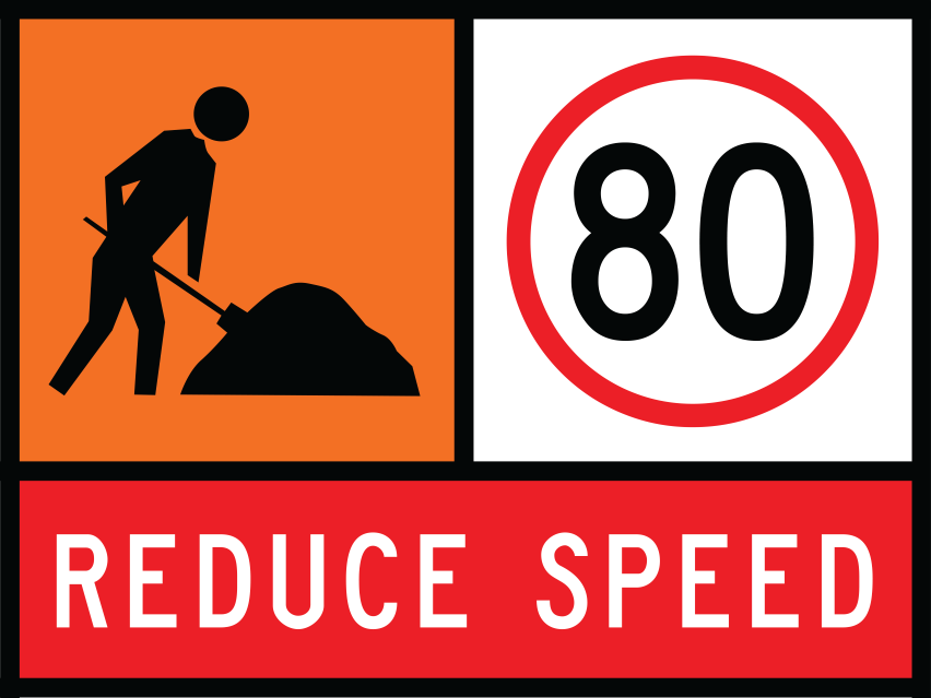 Workman Ahead (TC1332) with 80 km/h (TC1217-80) and Reduce Speed (TC1220) Multi Message Traffic Control Sign - Queensland